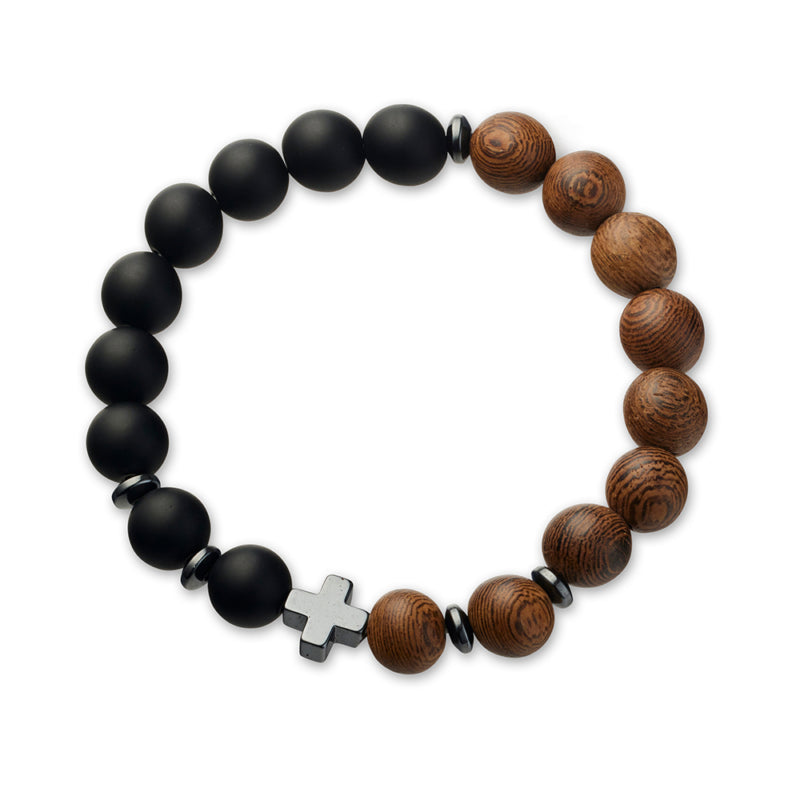 Matte Black Onyx & Wood Bracelet with Cross