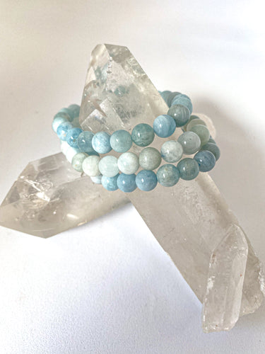 Aquamarine Round Beads on Selenite and White Background