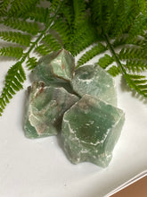 Load image into Gallery viewer, Green Calcite Crystal rough on white background

