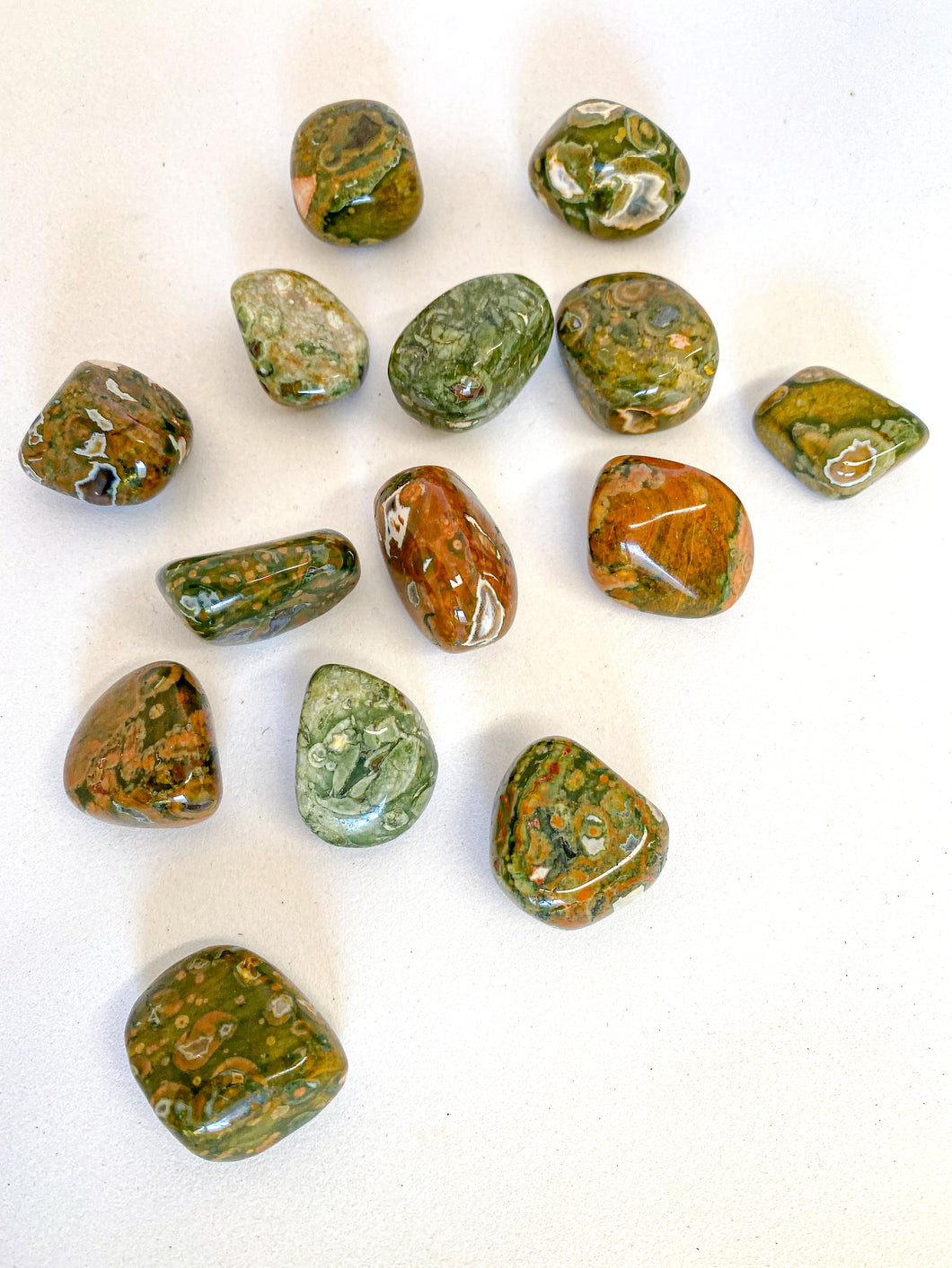 Rainforest Jasper Tumble Stones on White Background